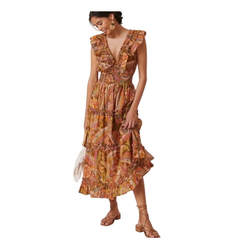 Love The Label Topanga Ruffled V-Neck Maxi Dress Brown Paisley Size Medium M